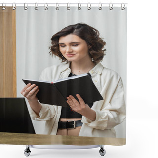 Personality  Cheerful Concierge In Trendy Casual Clothes And With Wavy Brunette Hair Looking At Notebook Near Computer Monitor While Working At Reception Desk In Contemporary Hotel, Digital Nomad  Shower Curtains