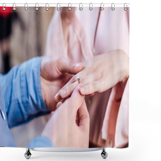 Personality  Cropped View Of Man Putting Wedding Ring On Finger Of Girlfriend  Shower Curtains