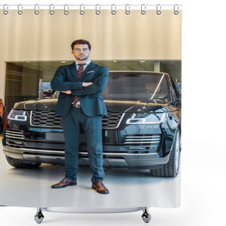 Personality  Low Angle View Of Businessman In Eyeglasses Posing With Crossed Arms Near Black Automobile Shower Curtains