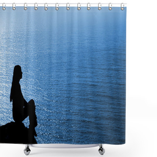 Personality  Sitting Woman Silhouette Against Deep Blue Seascape Shower Curtains