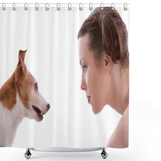 Personality  Woman And Her Jack Russel Terrier Staring At Eachother Shower Curtains