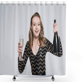 Personality  Cheerful Woman Holding Glass Of Champagne And Bottle Isolated On Grey Shower Curtains