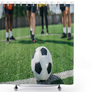 Personality  Selective Focus Of Football Ball And Multicultural Elderly Men On Green Football Field Shower Curtains