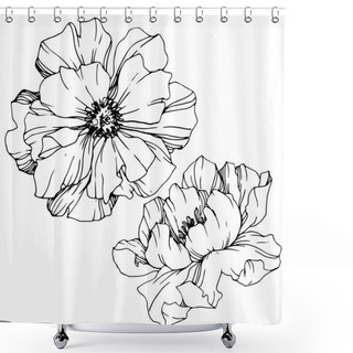 Personality  Vector Peonies. Wildflowers Isolated On White. Black And White Engraved Ink Art Shower Curtains