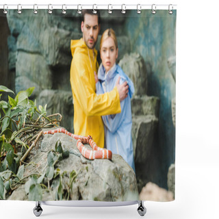Personality  Scared Young Couple In Raincoats Terrified Of Snake On Rock Shower Curtains