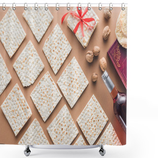 Personality  Top View Of Traditional Book With Text In Hebrew And Collection Of Matza On Brown Table Shower Curtains