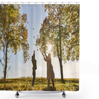 Personality  Silhouette Of Mother And Child Throwing Autumn Leaves, Park, Fall Season, Having Fun, Woman And Boy Shower Curtains