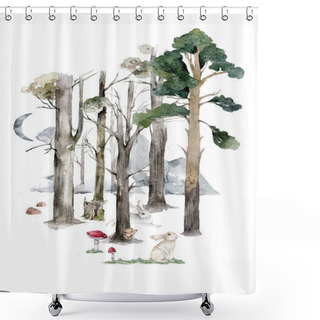 Personality  Autumn Forest Flat Hand Drawn Illustrations Set. Woody Flora And Fauna Design Elements. Woodland Animals And Trees Clip-arts. Isolated Scandinavian Decorative Nature Wildlife Creatures And Plants. Shower Curtains
