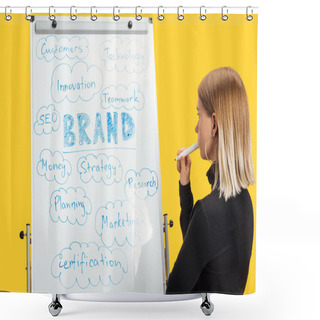 Personality  Side View Of Pensive Businesswoman Standing Near White Flipchart With Words Shower Curtains
