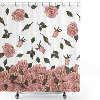 Personality  Seamless Border With Hand Drawn Rose Flower With Branches And Leaves And Buttons Vector Illustration Shower Curtains