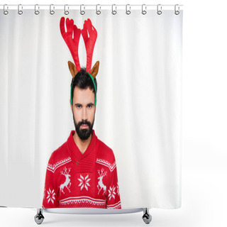Personality  Serious Man In Reindeer Antlers Headband Shower Curtains
