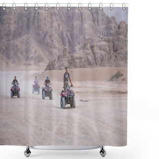 Personality  SHARM EL-SHEIKH, EGYPT - MAY 19, 2018 : Quad Bikes Safari In Desert Near Sharm El Sheikh, Egypt. Powerful Fast Off-road Four-wheel Drive ATVs, Motorcycles In Sandy Desert, Rally Against High Mountains Shower Curtains