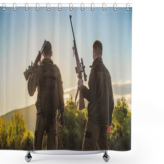 Personality  Hunters Rifles Nature Environment. That Was Great Day. Finish Hunting Season. Enjoy Sunset In Mountains. Hunters Friends Enjoy Leisure. Hunters Friends Gamekeepers With Guns Silhouette Sky Background Shower Curtains