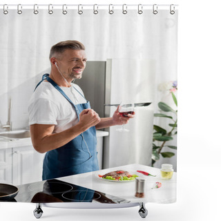 Personality  Smiling Man With Glass Of Wine Listening To Music At Kitchen Shower Curtains