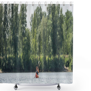 Personality  View From Afar Of Interracial Active Couple In Life Vests Sailing In Sportive Kayak With Paddles Near Riverside With Green Trees On Summer Day, Banner Shower Curtains