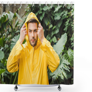 Personality  Handsome Hooded Young Man In Yellow Raincoat In Jungle Shower Curtains