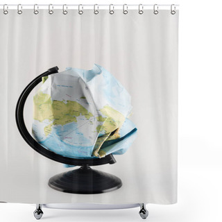 Personality  Crumpled Map Instead Of Globe On Stand Isolated On Grey, Ecology Concept Shower Curtains