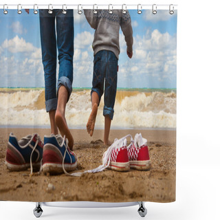 Personality  Father And Son Walk At The Seaside Shower Curtains