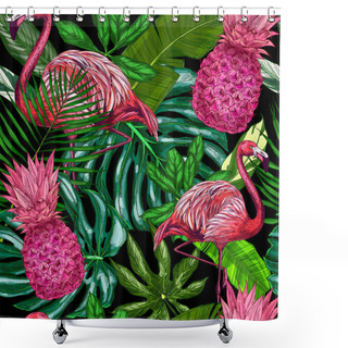 Personality  Flamingo, Pink Pineapples And Palm Leaves On Black Background Shower Curtains