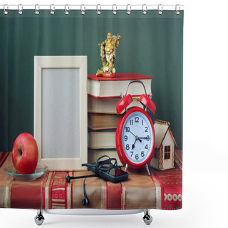 Personality  Still Life With Books And A Red Alarm Clock. Shower Curtains