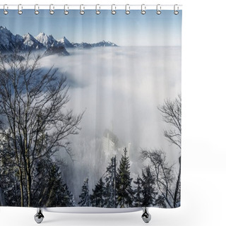 Personality  Scenic View Of Snowy Mountains In Fog Near Neuschwanstein Castle, Germany Shower Curtains