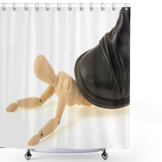 Personality  Wooden Mannequin Crushed By Shoe Close-up On White Background Shower Curtains