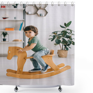 Personality  Kid Sitting On Wooden Rocking Horse In Living Room Shower Curtains