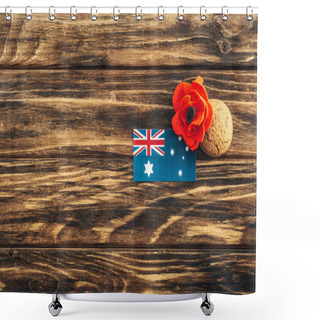Personality  Top View Of Australian Flag Near Artificial Flower And Cookie On Wooden Surface  Shower Curtains