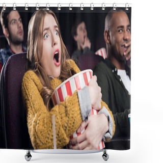 Personality  Young Shocked Girl Holding Big Basket Of Popcorn And Watching Movie In Cinema Shower Curtains