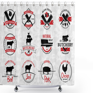 Personality  Butchery Logos, Labels, And Design Elements. Farm Animals Silhouettes And Icons Shower Curtains