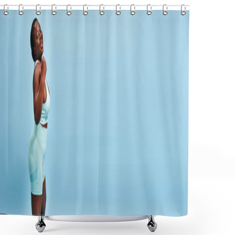 Personality  Happy Plus Size Woman In Active Wear Flexing Her Muscles On Blue Background, Horizontal Banner Shower Curtains