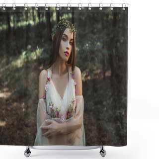 Personality  Attractive Female Elf In Dress And Floral Wreath In Forest Shower Curtains