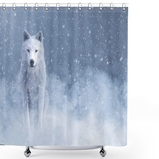 Personality  3D Rendering Of A Majestic White Wolf Sitting Down Surrounded By Magical Snow. Shower Curtains