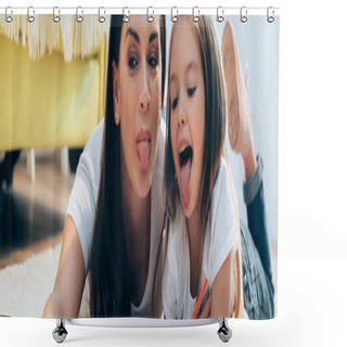 Personality  Happy Mother And Daughter With Sticking Out Tongues Looking Down On Floor On Blurred Background, Banner Shower Curtains