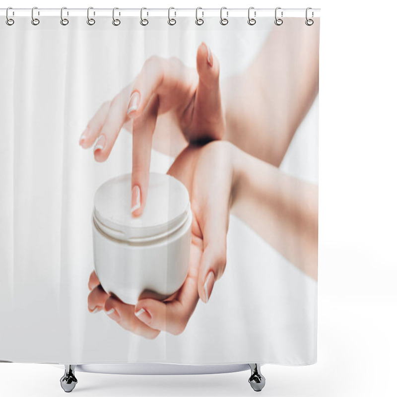 Personality  cropped shot of woman taking moisturizing cream from jar isolated on white shower curtains