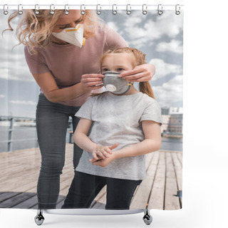 Personality  Mother Wearing Protective Mask On Daughter For Breathing, Air Pollution Concept Shower Curtains