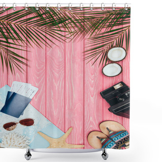 Personality  Top View Of Travel Supplies On Pink Wooden Surface Shower Curtains