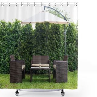 Personality  Set Of Rattan Garden Furniture Under A Big Garden Umbrella Shower Curtains