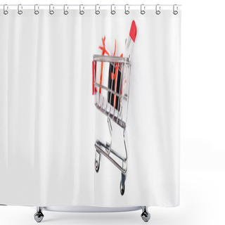 Personality  Horizontal Image Of Toy Gift Boxes And Shopping Cart On White Background Shower Curtains