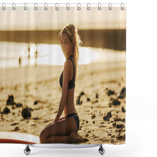 Personality  Attractive Female Surfer Sitting On Beach With Surfboard At Sunset Shower Curtains