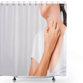 Personality  Asian Beautiful Woman Itching Her Useing Hand Scratch Itch Neck On White Background With Copy Space, Medical And Healthcare Concept Shower Curtains