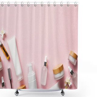 Personality  Top View Of Cream Tubes, Cosmetic Dispenser, Empty Jars And With Hand Cream, Mascara Bottles On Pink  Shower Curtains
