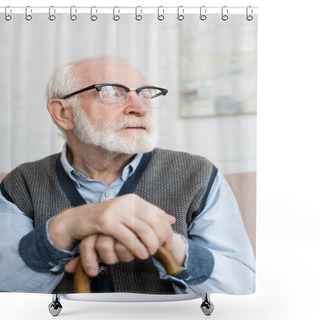 Personality  Calm And Sad Senior Man With Walking Stick Looking Away, Sitting In Bright Room Shower Curtains