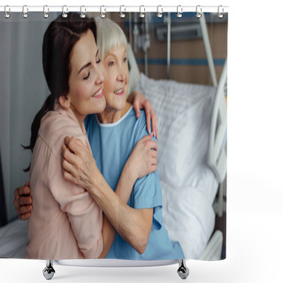 Personality  Smiling Senior Woman And Daughter Sitting On Bed And Embracing In Hospital Shower Curtains