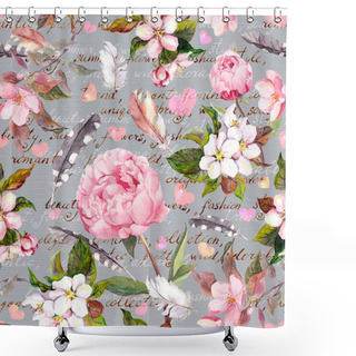Personality  Peony Flowers, Sakura, Feathers. Vintage Seamless Floral Pattern With Hand Written Letter. Watercolor Shower Curtains