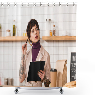 Personality  Thoughtful Businesswoman Holding Clipboard While Standing At Bar Counter In Cafe Shower Curtains