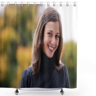 Personality  Closeup Portrait Of A Happy Young Woman Smiling Shower Curtains