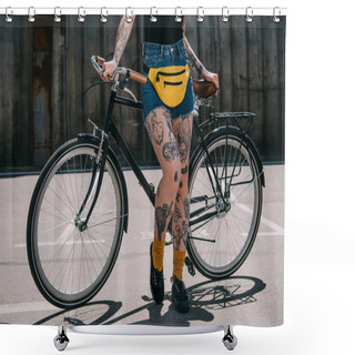 Personality  Cropped Image Of Stylish Tattooed Girl With Waist Bagstanding With Bicycle At Street Shower Curtains