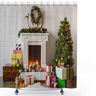 Personality  Festive Living Room With Cozy Fireplace, Christmas Tree And Presents Shower Curtains