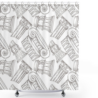 Personality  Vector Antique Greek Columns. Black And White Engraved Ink Art. Seamless Background Pattern. Shower Curtains